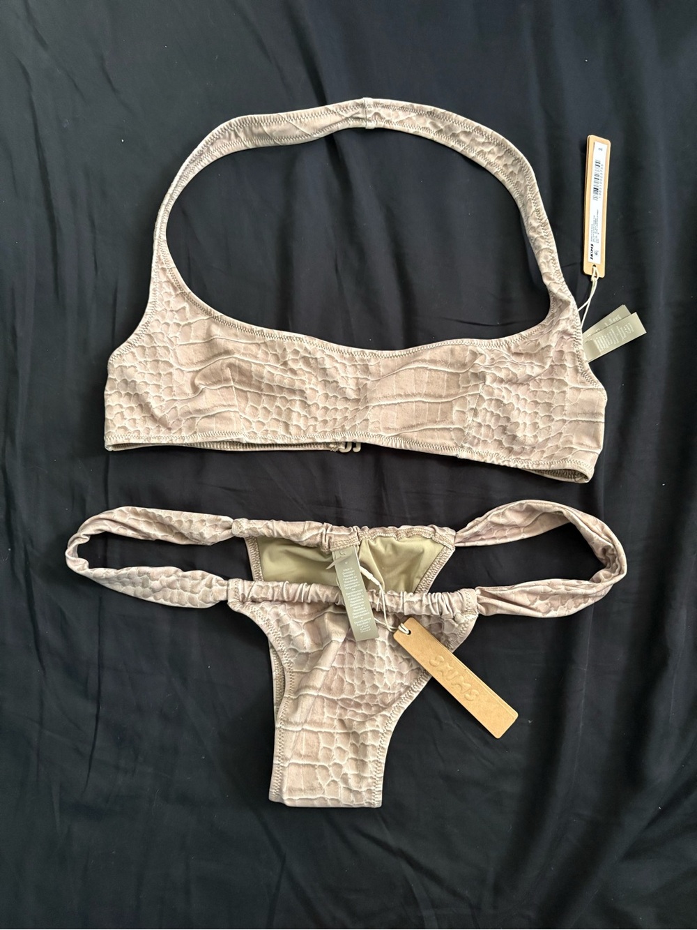 SKIMS NWT dune crocodile print halter scoop bikini and rouched thong M